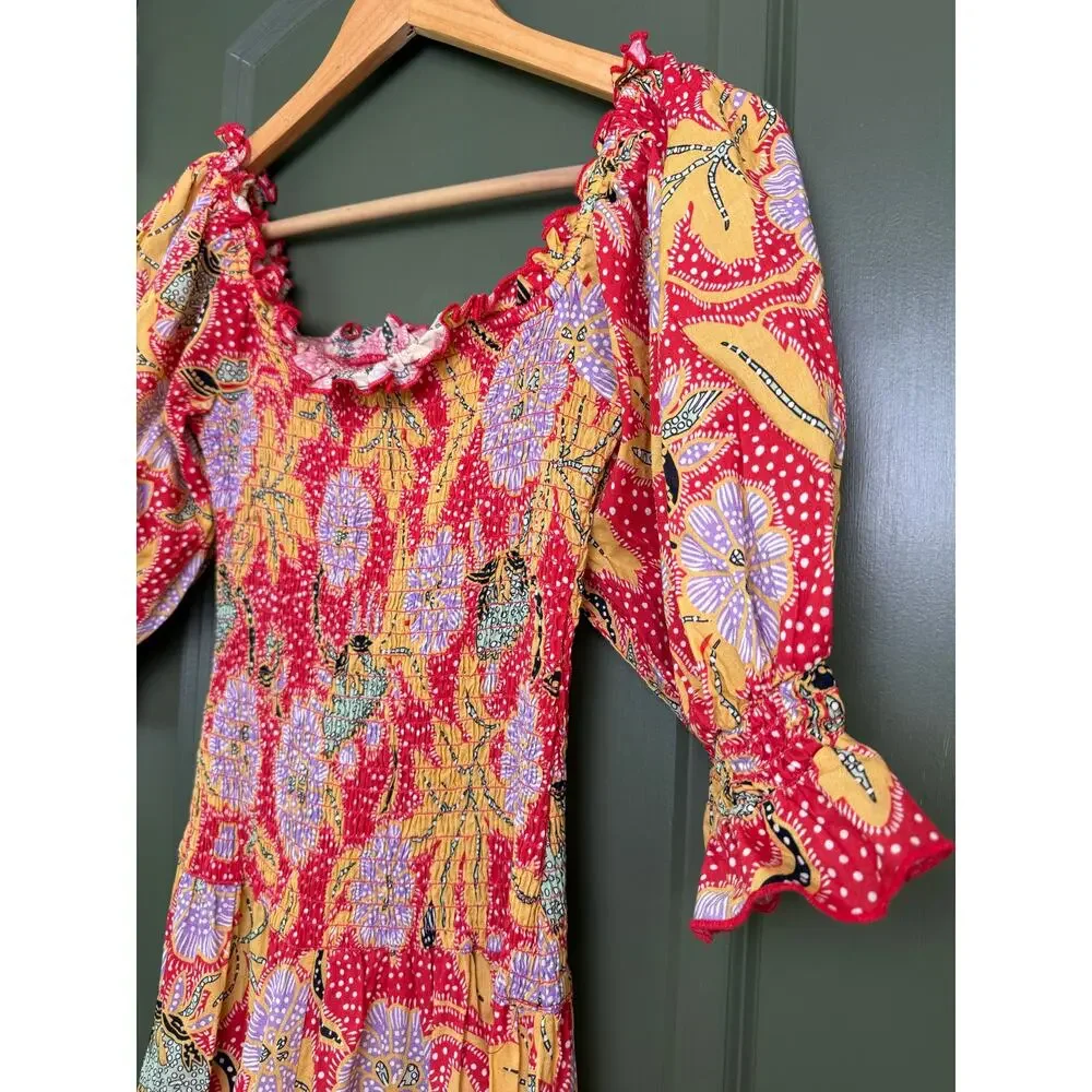 EUC Rhode Resort Eva Smocked Floral Puff Sleeve Maxi Cotton Red Dress Size Small - Picture 3 of 8